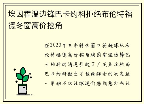 埃因霍温边锋巴卡约科拒绝布伦特福德冬窗高价挖角
