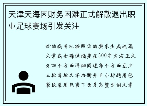 天津天海因财务困难正式解散退出职业足球赛场引发关注 天津天海因财务困难正式解散退出职业足球赛场引发关注