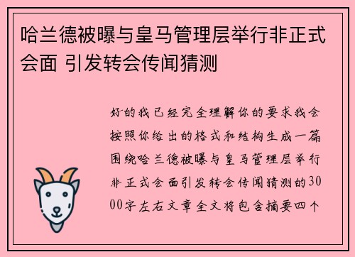 哈兰德被曝与皇马管理层举行非正式会面 引发转会传闻猜测